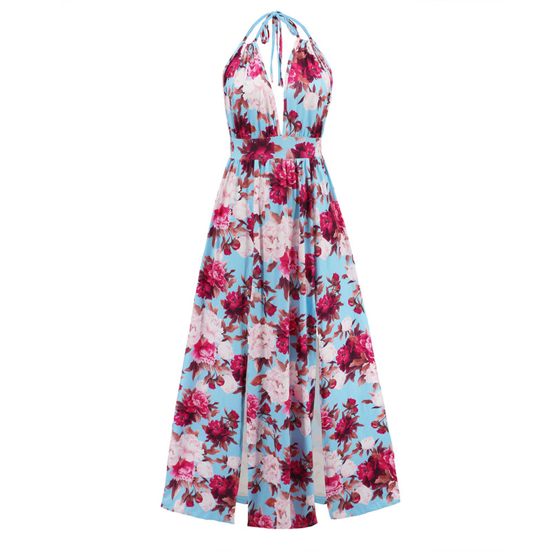 Sleeveless Backless Floral Print High Split Maxi Dress