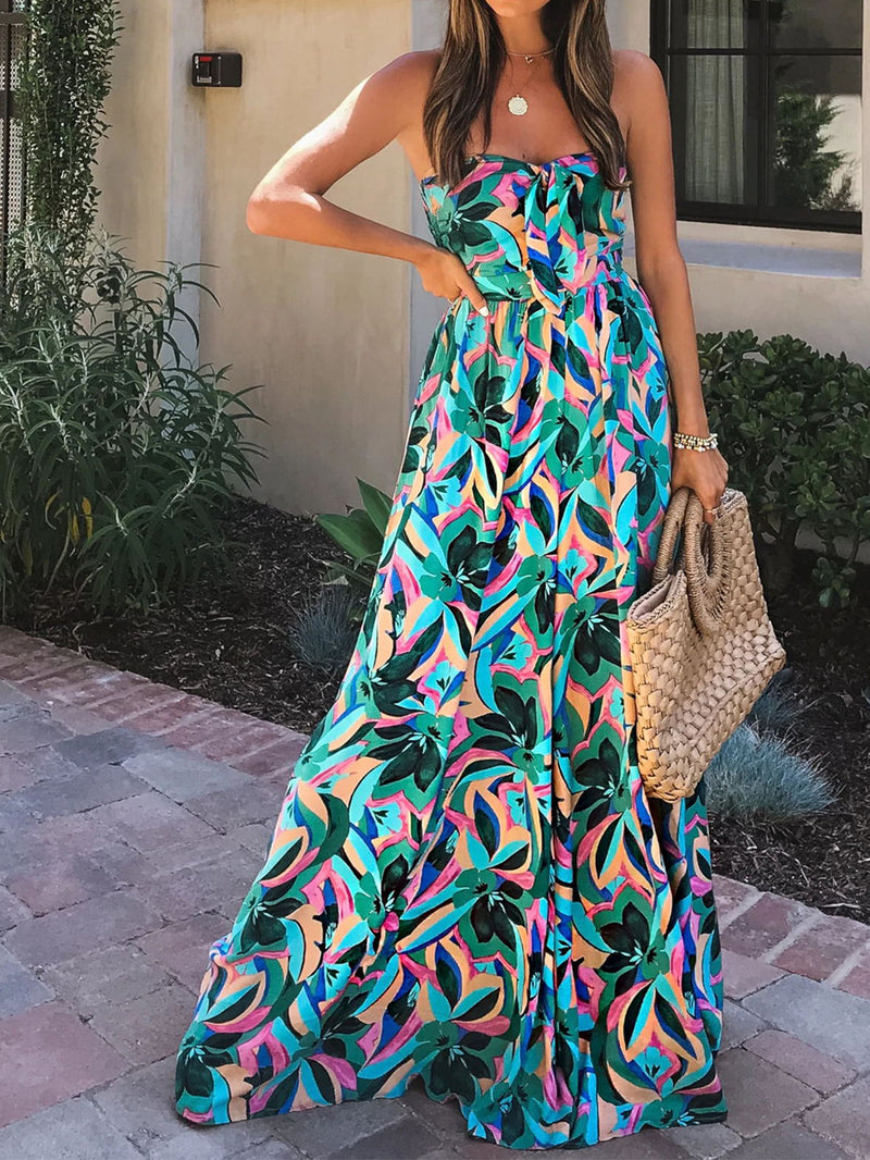 Elegant Sleeveless Off Shoulder Printed Maxi Dress