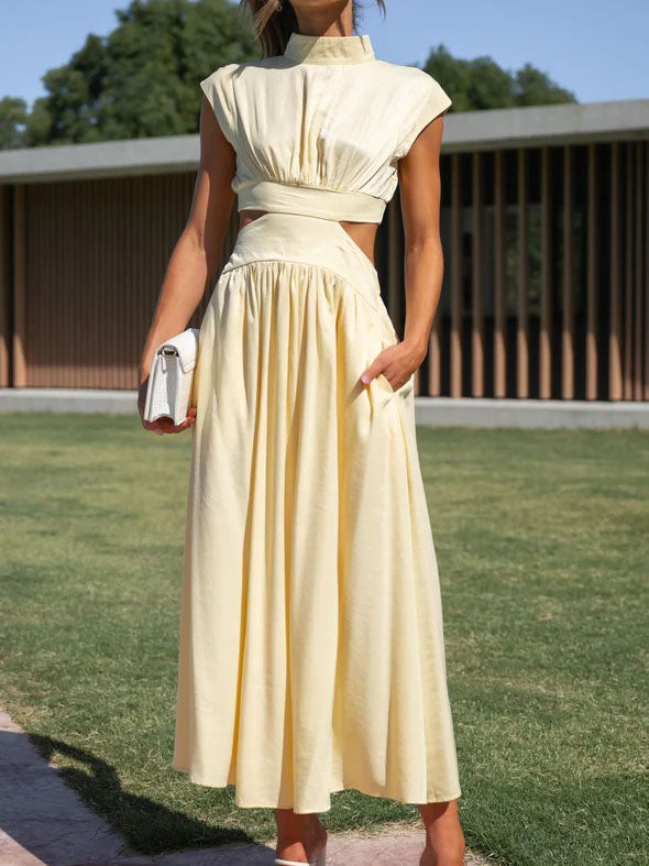 Elegant O-Neck Sleeveless Cut Out Solid Maxi Dress