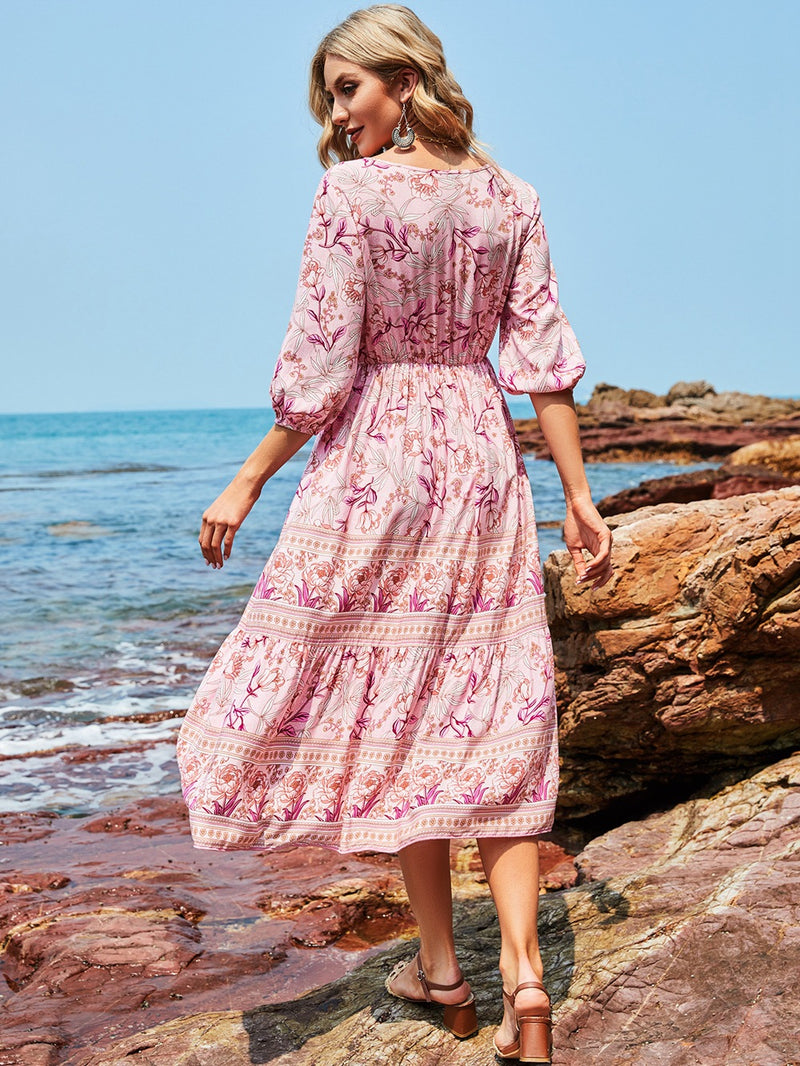 Button Up Elastic Waist Flowy V Neck Maxi Dress