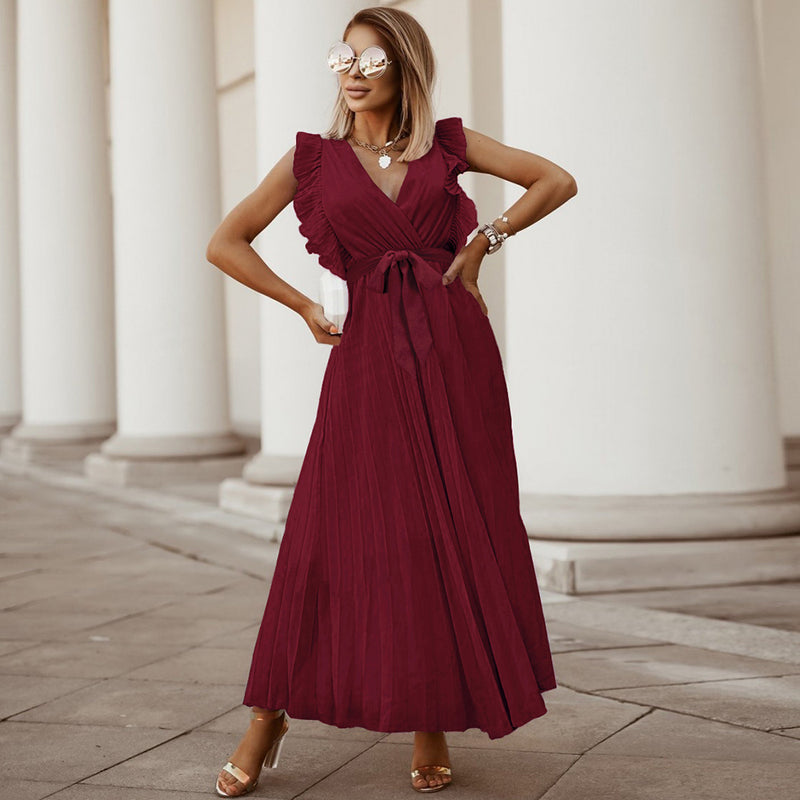 Ruffle Sleeveless V Neck Wrap Front Maxi Dress