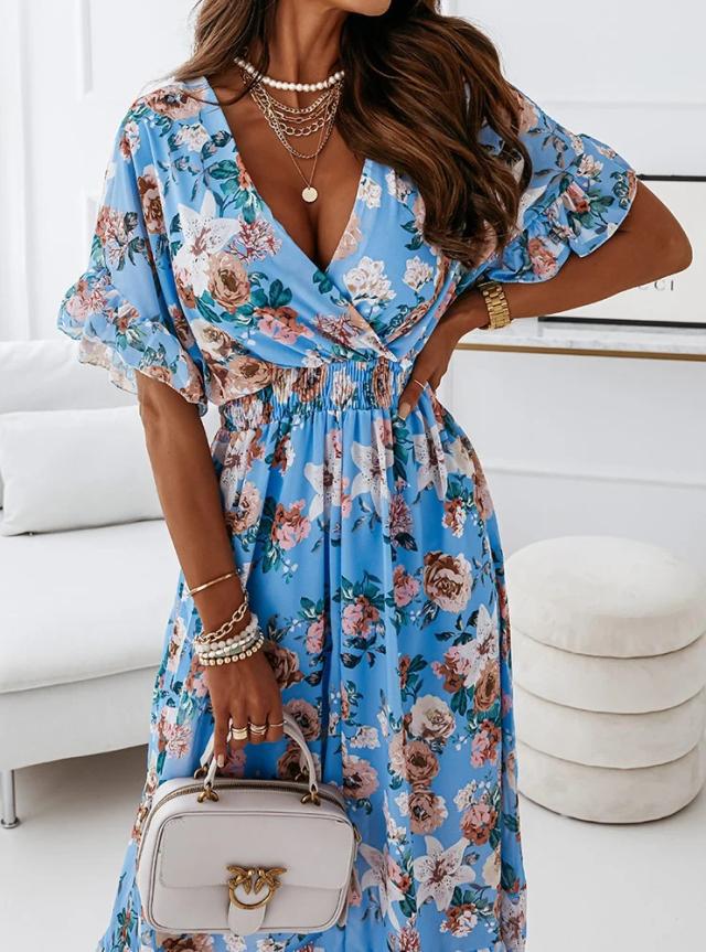 Cross V Neck Elastic Waist Floral Short Sleeve Maxi Dress