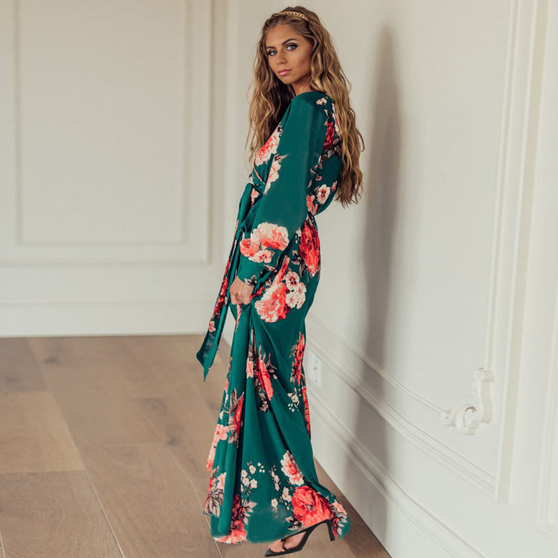 Casual V Neck Long Sleeve Loose Maxi Dress