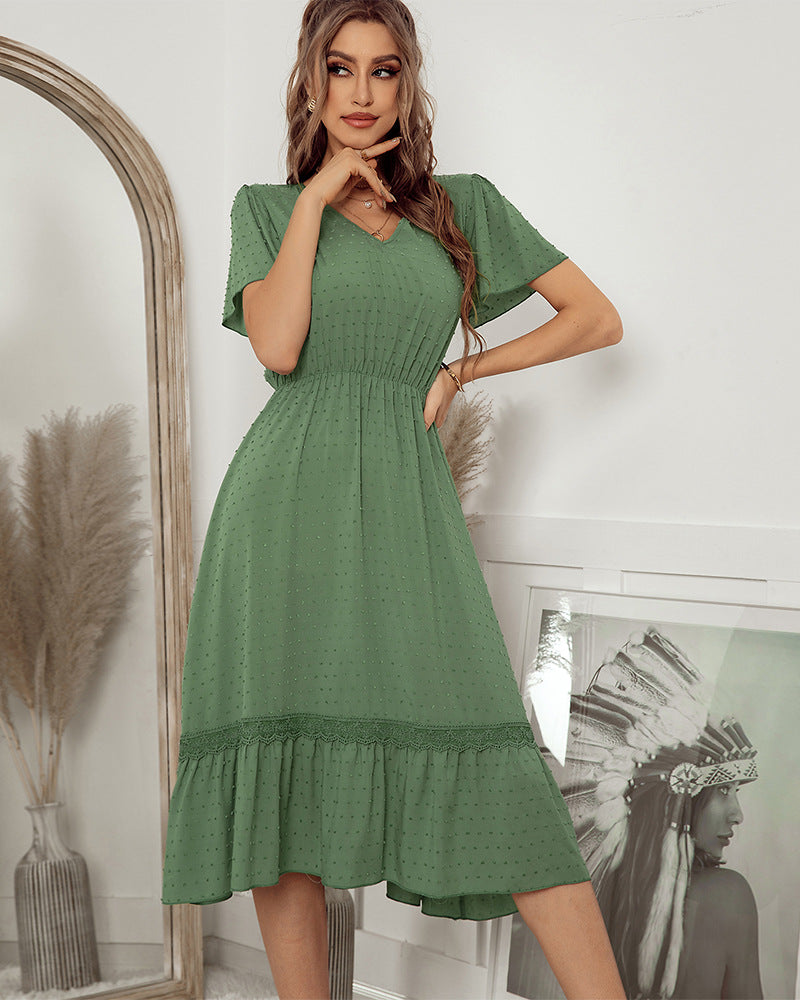 Short Sleeve V Neck Solid Color Midi Dress