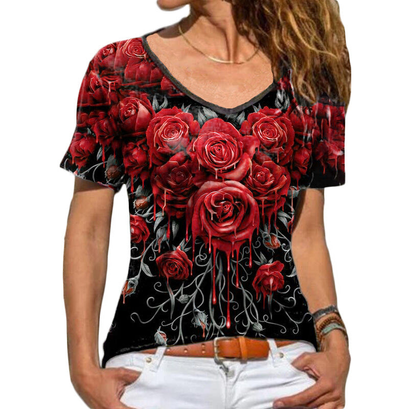 Casual V Neck Short Sleeve Bodycon Floral T Shirt