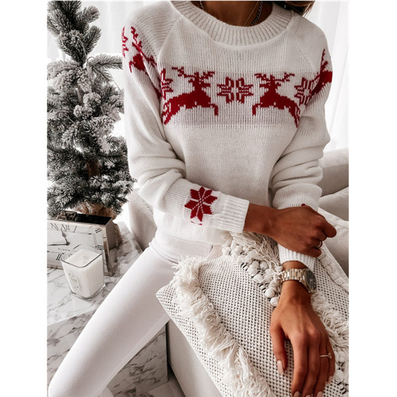 Crew Neck Xmas Print Knitted Sweater