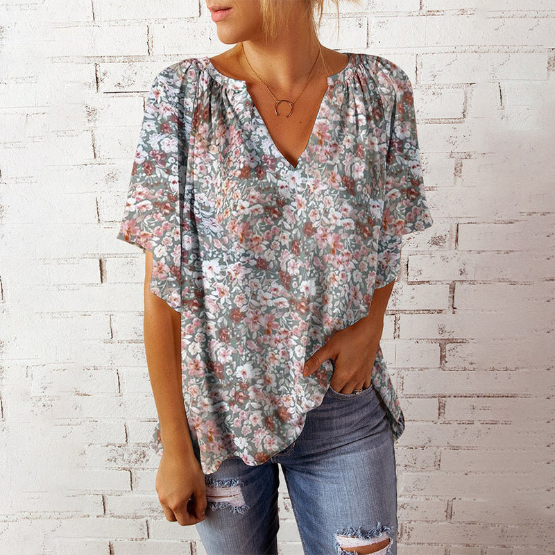 Casual Floral Print V-Neck Short Sleeve Oversize Top Blouse