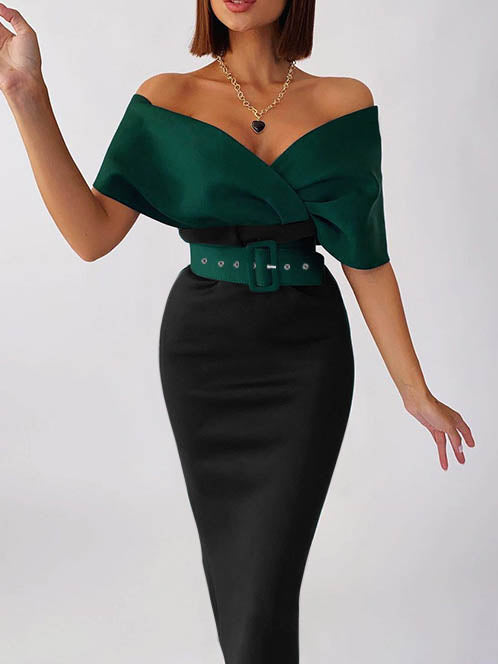 Off Shoulder Cop Top 2 Piece Midi Skirt Set