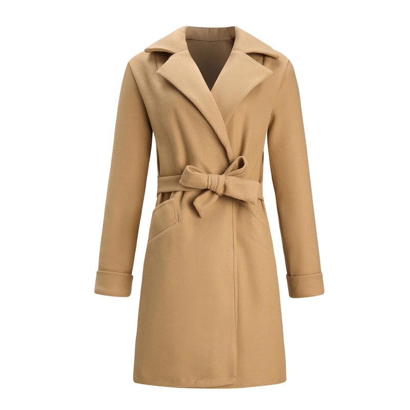 Notched Lapel Collar Belted Wool Blend Coat