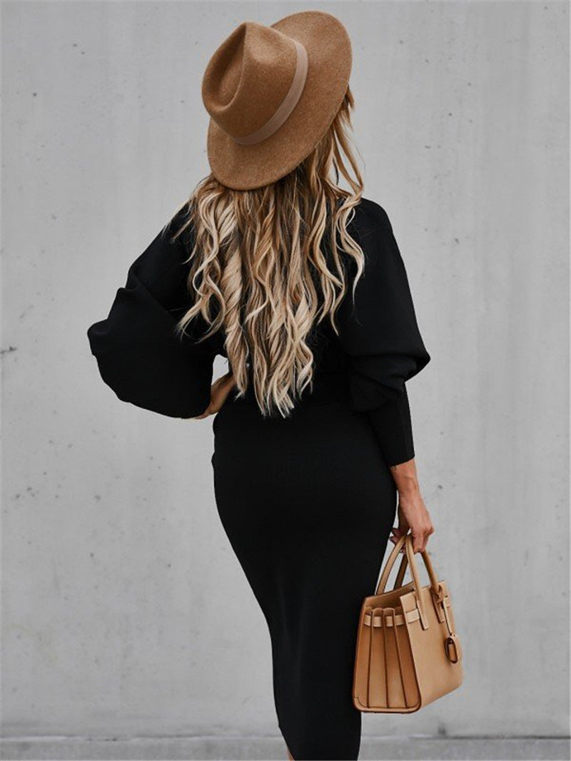 Long Sleeve Bodycon Solid Color Midi Dress