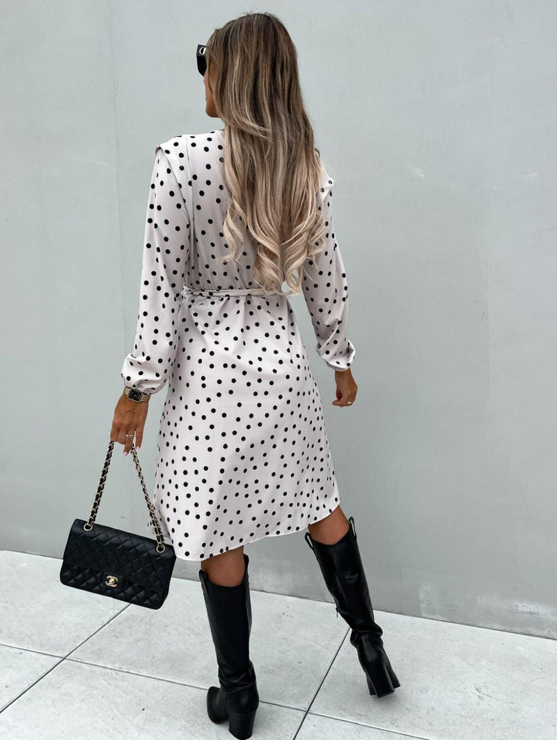 Polka Dot Long Sleeve Deep V Neck Side Split Dress