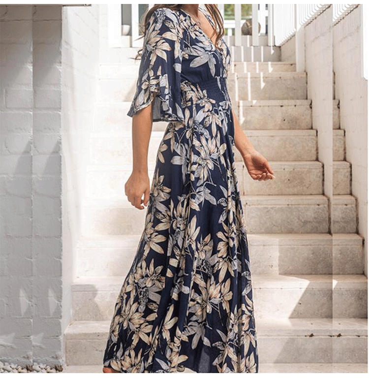 Ruffle Short Sleeve V Neck High Waist Floral Maxi Dress