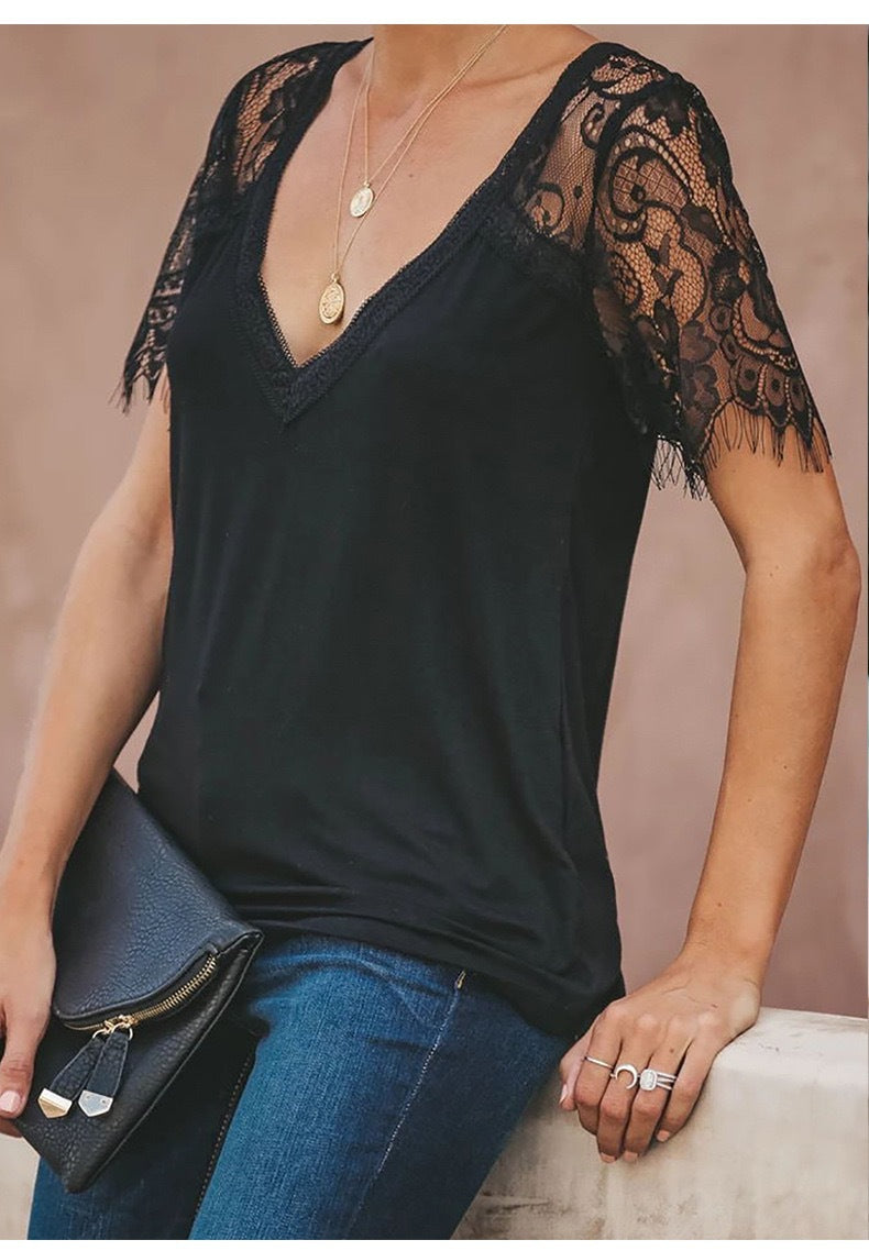 Lace Short Sleeve V Neck Top T-Shirt