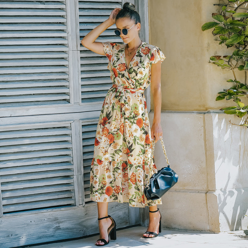 Cap Sleeve V Neck Loose Floral Maxi Dress