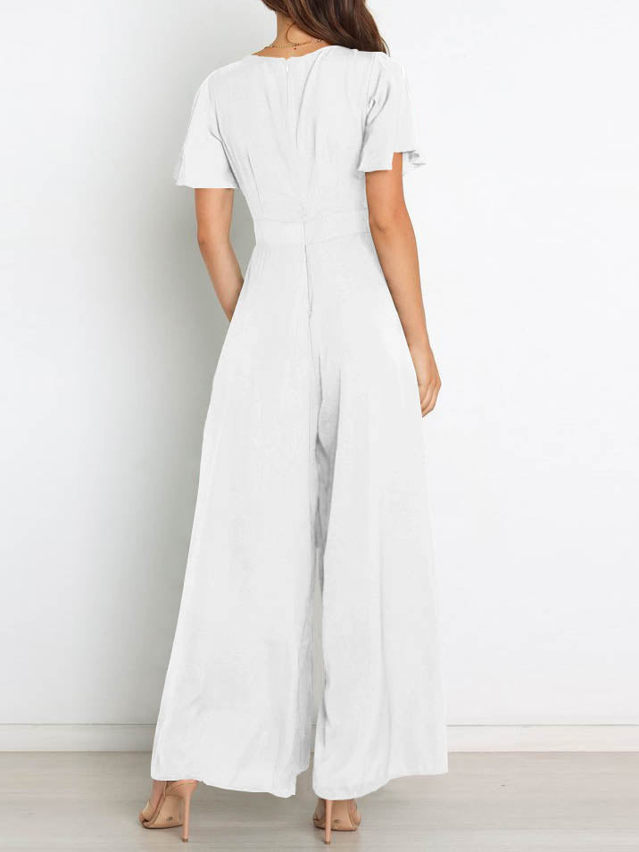 Short Sleeve Wide Leg Casual V Neck Jumpsuit