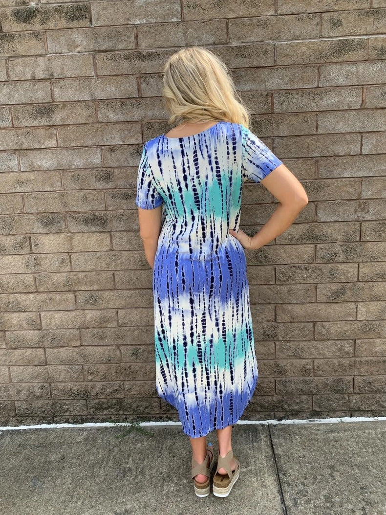 Short Sleeve Round Neck Side Split Long Dress with Pockets