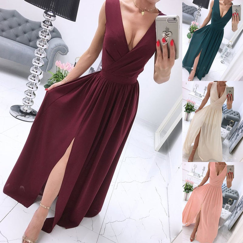 Deep Cross V Neck Side Side Split Long Maxi Dress