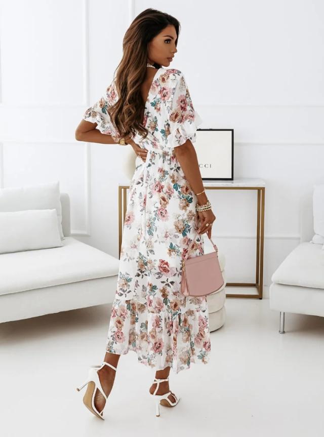 Cross V Neck Elastic Waist Floral Short Sleeve Maxi Dress