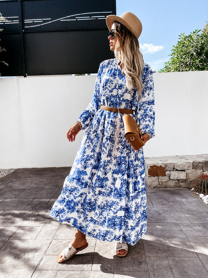 Long Sleeve V Neck Floral Loose Maxi Dress