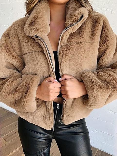 Solid Zipper Leather Long Sleeve Bubble Coat