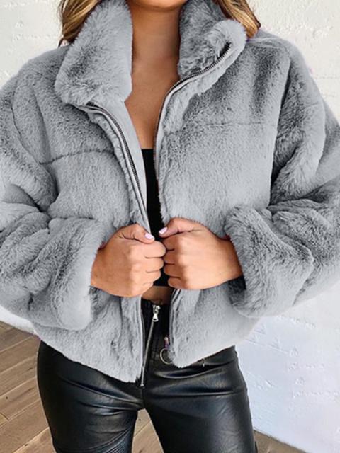 Solid Zipper Leather Long Sleeve Bubble Coat