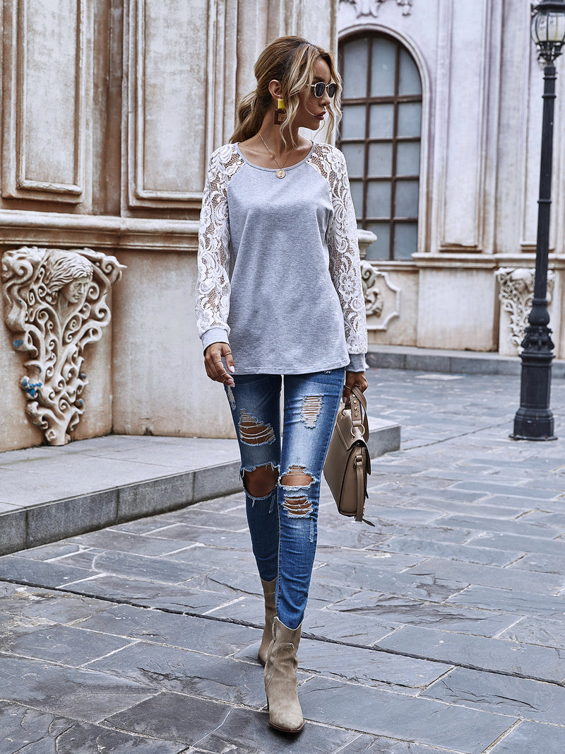 Long White Lace Sleeve Round Neck Top