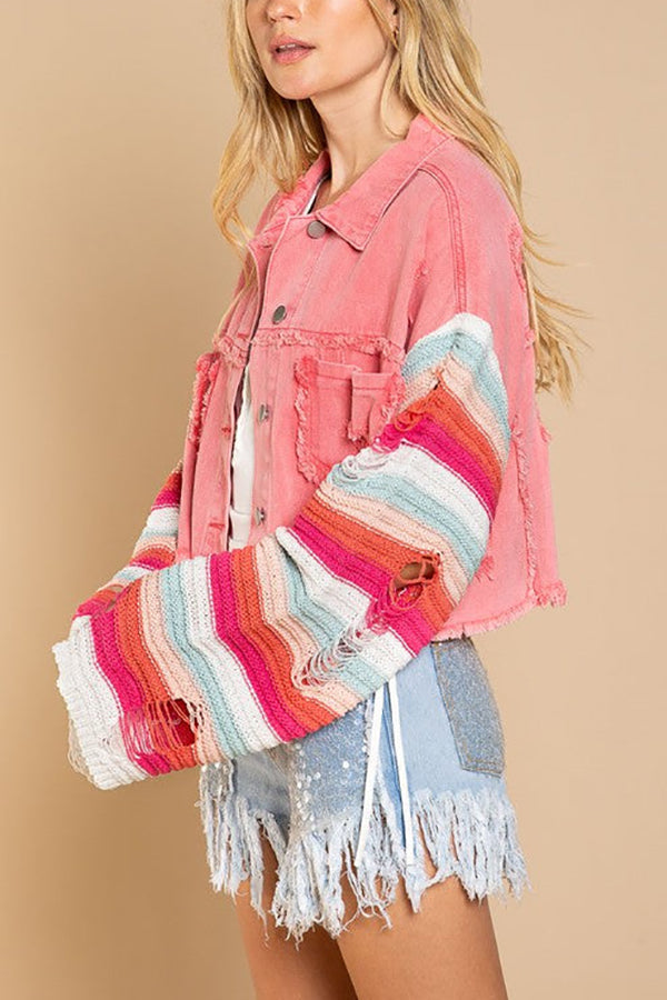 Crochet Sleeve Denim Crop Jacket