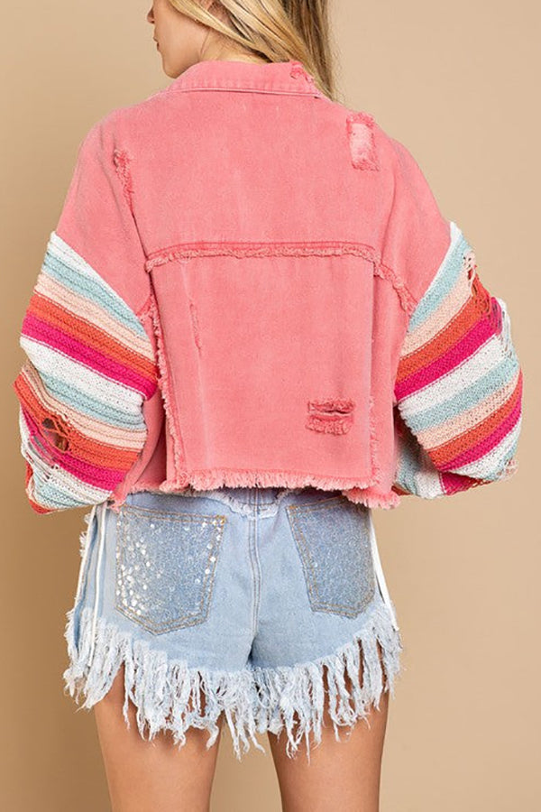 Crochet Sleeve Denim Crop Jacket