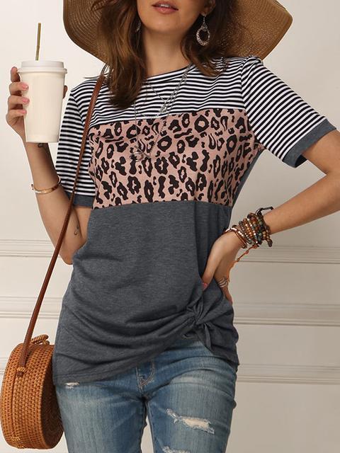 Striped Leopard Print Short Sleeve Tops