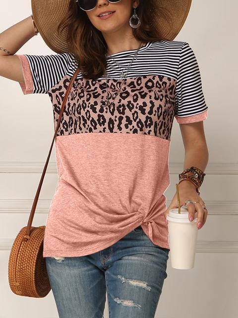 Striped Leopard Print Short Sleeve Tops