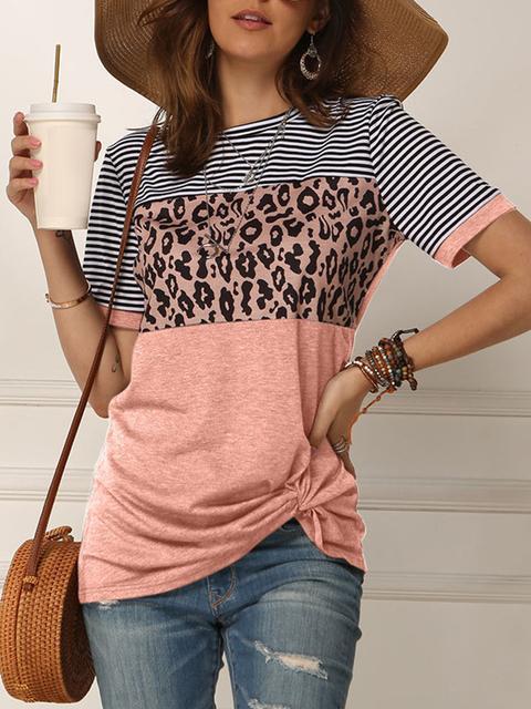 Striped Leopard Print Short Sleeve Tops