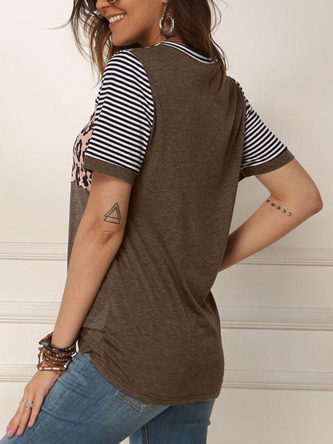 Striped Leopard Print Short Sleeve Tops