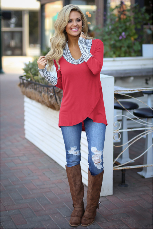 Navy Long Sleeve Stripe Casual Irregular Hem T-shirt - Landing Closet