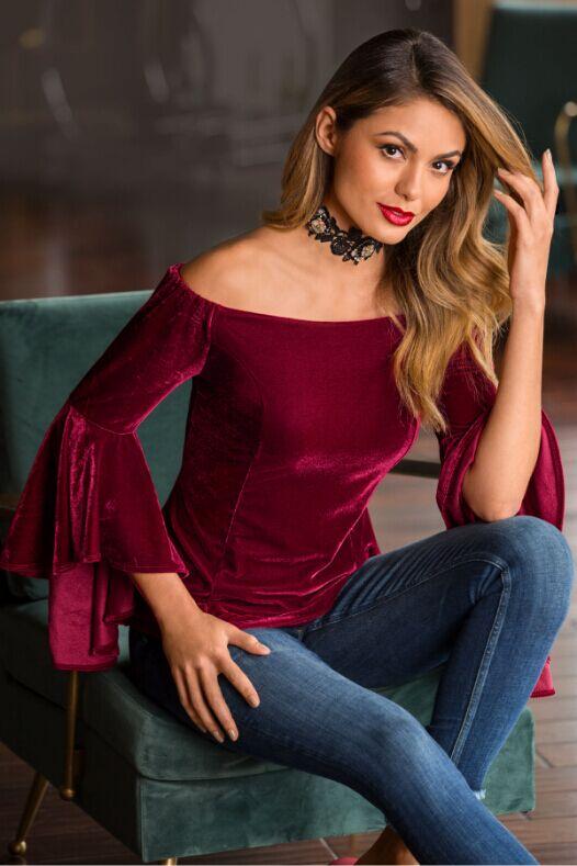 Off Shoulder Velvet Flare Sleeve Top - Landing Closet