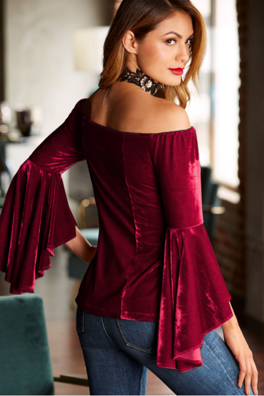 DarkRed Off Shoulder Velvet Flare Sleeve Top - Landing Closet