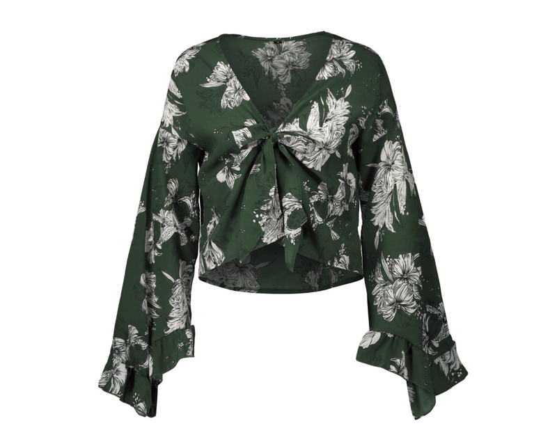 Long Sleeve Floral V-neck Irregular Hem Top