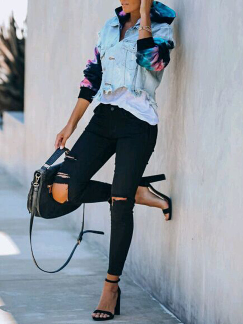 TIE DYE KNIT HOODED DENIM JACKET