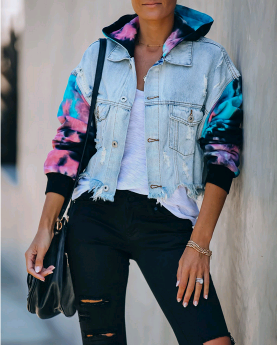 TIE DYE KNIT HOODED DENIM JACKET