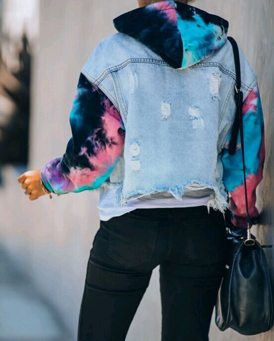 TIE DYE KNIT HOODED DENIM JACKET