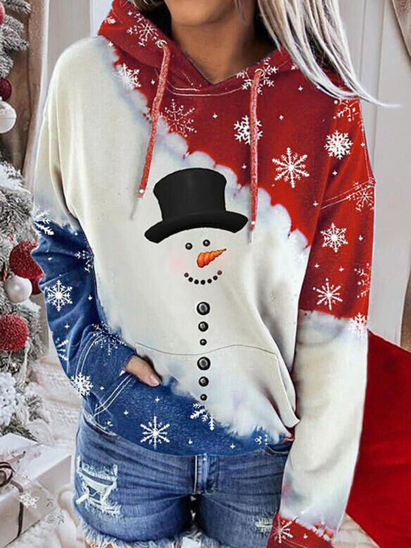 Snowman Print Long Sleeve Tie-Dye Hoodie