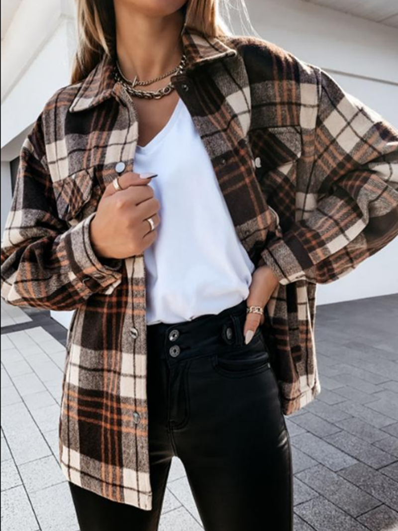 Long Sleeve Plaid Shirt Collar Jacket