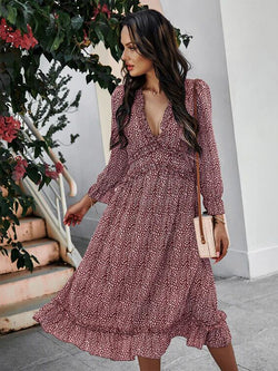 Deep V Neck Floral Long Sleeve Ruffle Hem Maxi Dress