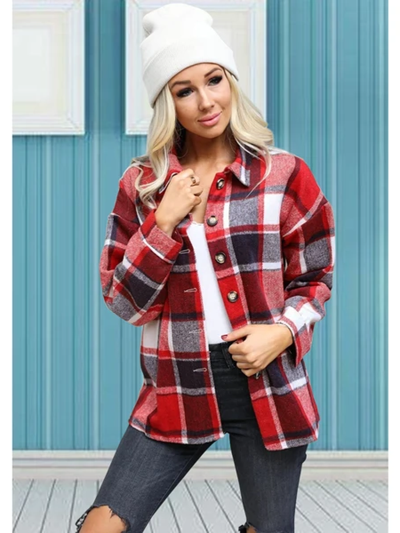 Long Sleeve Button Plaid Jacket