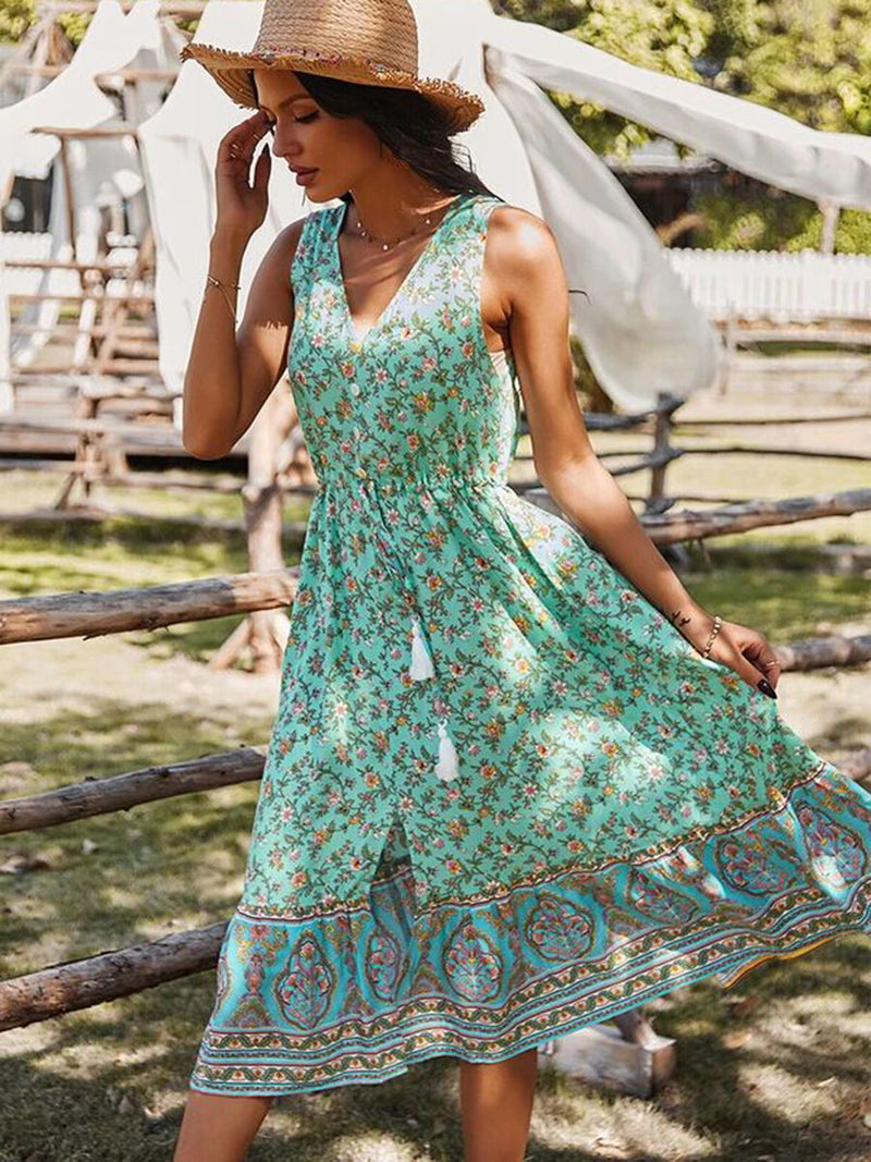 Sleeveless V Neck Flower Print Long Maxi Dress