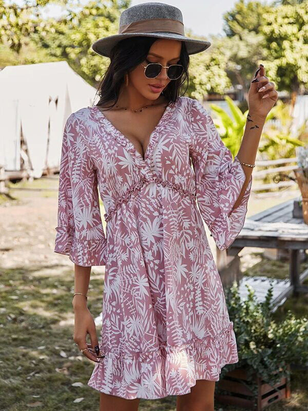 Short Sleeve Floral Deep V Neck Ruffle Dress