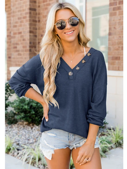 Long Sleeve Collar Button V Neck Tops