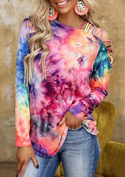 Tie Dye Criss-Cross Slash Neck Long Sleeve Blouse