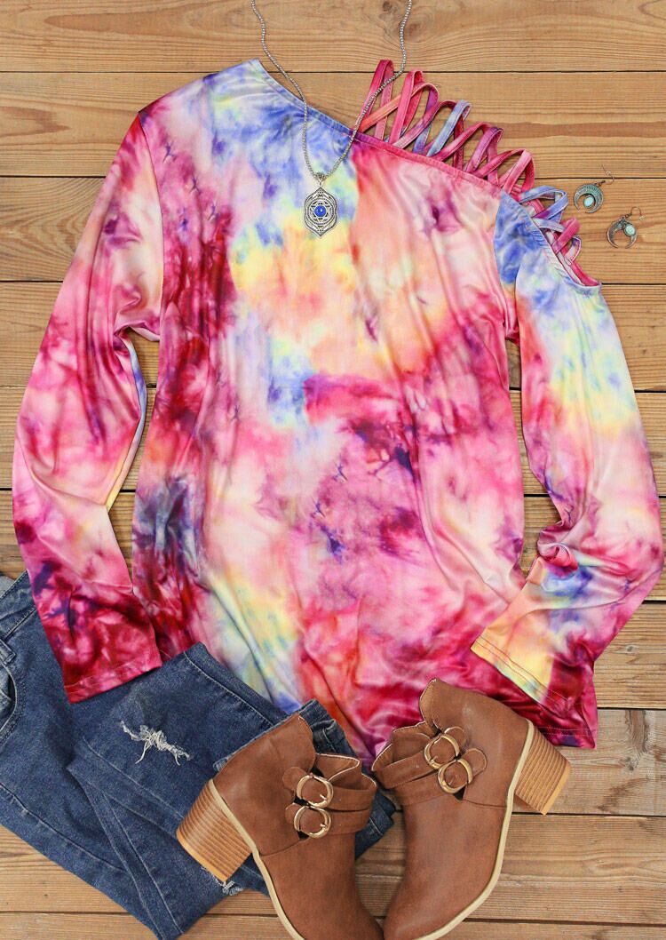 Tie Dye Criss-Cross Slash Neck Long Sleeve Blouse