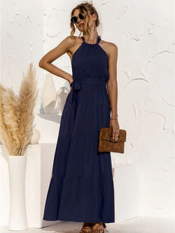 Tie Waist Round-Neck Spaghetti Strap Backless Maxi Dress