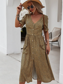 Short Sleeve Button Front Split Maxi Dress